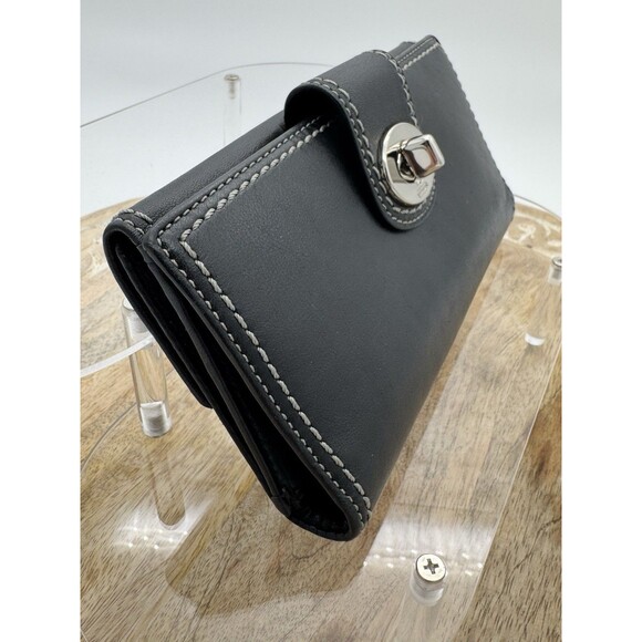 COACH BLACK GENUINE LEATHER BIFOLD SNAP WALLET Silver Turn  Key Lock Credit Card - Picture 3 of 11
